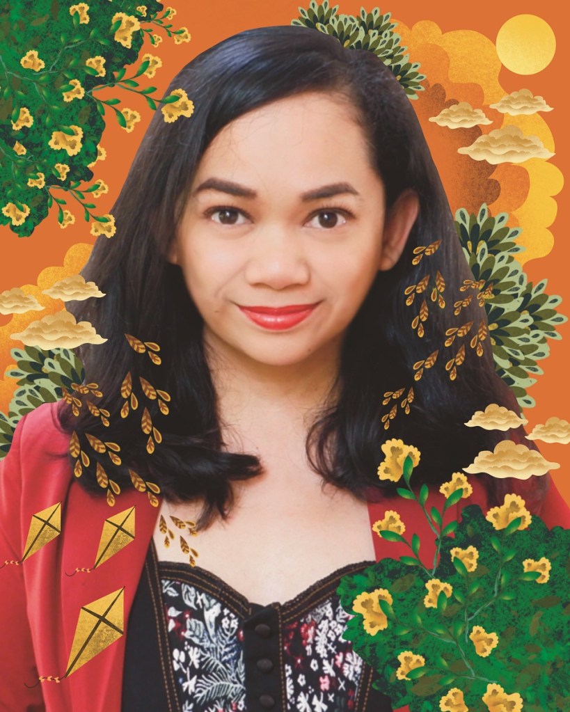 Image of author Glory Moralidad, surrounded by watercolor illustrations of leaves and flowers